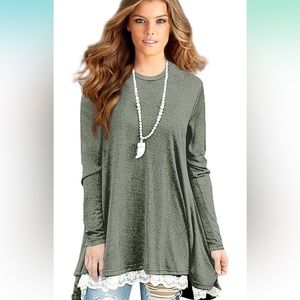 Sunfung Green Lace Long Sleeve Tunic Tops Scoop Neck Plus Size XXL Tunic